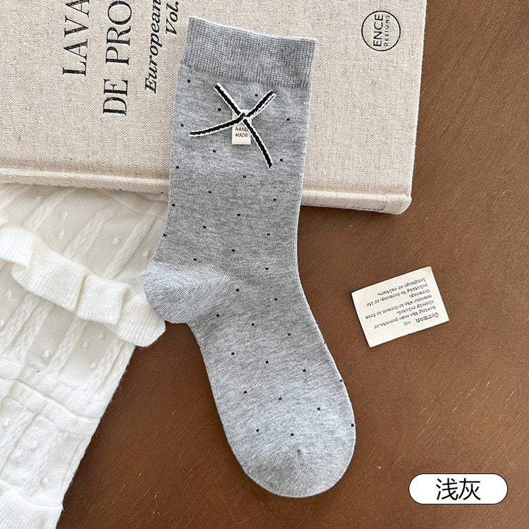 女襪｜miu系蝴蝶結襪子女棉質吸汗透氣彈力中筒襪親膚舒適ins潮堆堆襪「MK5136」25.09-5