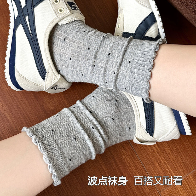 女襪｜襪子女士夏季薄款復古波點花邊堆堆襪棉質吸汗透氣彈力中筒襪「AM2505」25.07-5