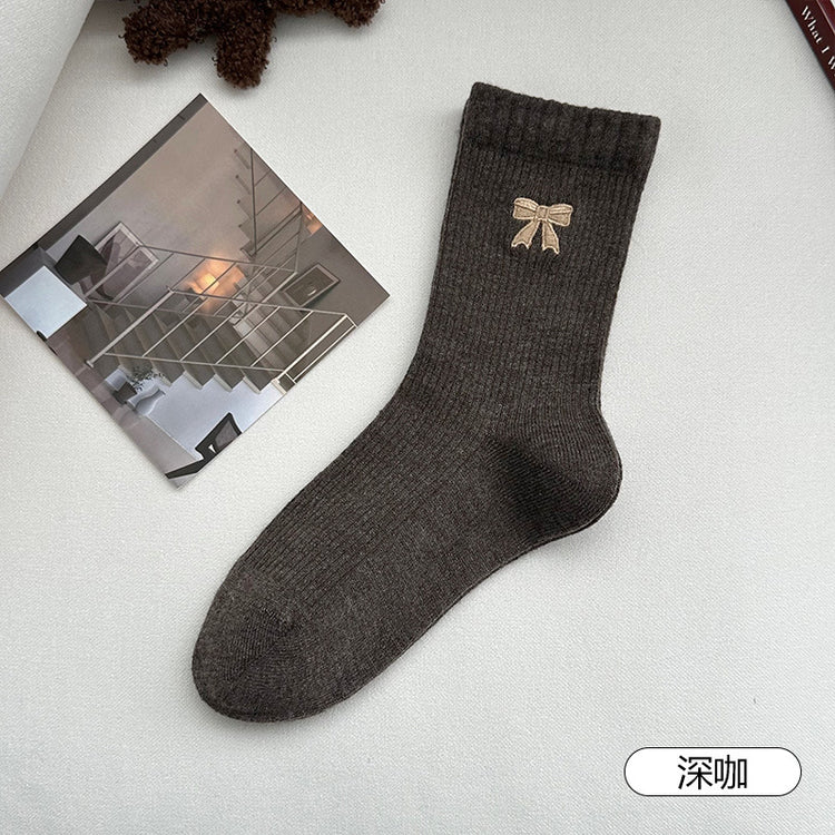 女襪｜美拉德襪子女秋冬ins潮棉質吸汗透氣中筒襪韓系蝴蝶結彈力堆堆襪「MYH24151」25.10-3