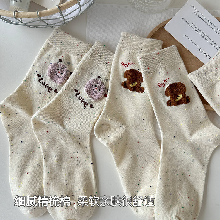 女襪｜點子紗襪子女棉質吸汗透氣彈力無骨中筒襪毛絨卡通親膚舒適堆堆襪「HC5202」25.07-5
