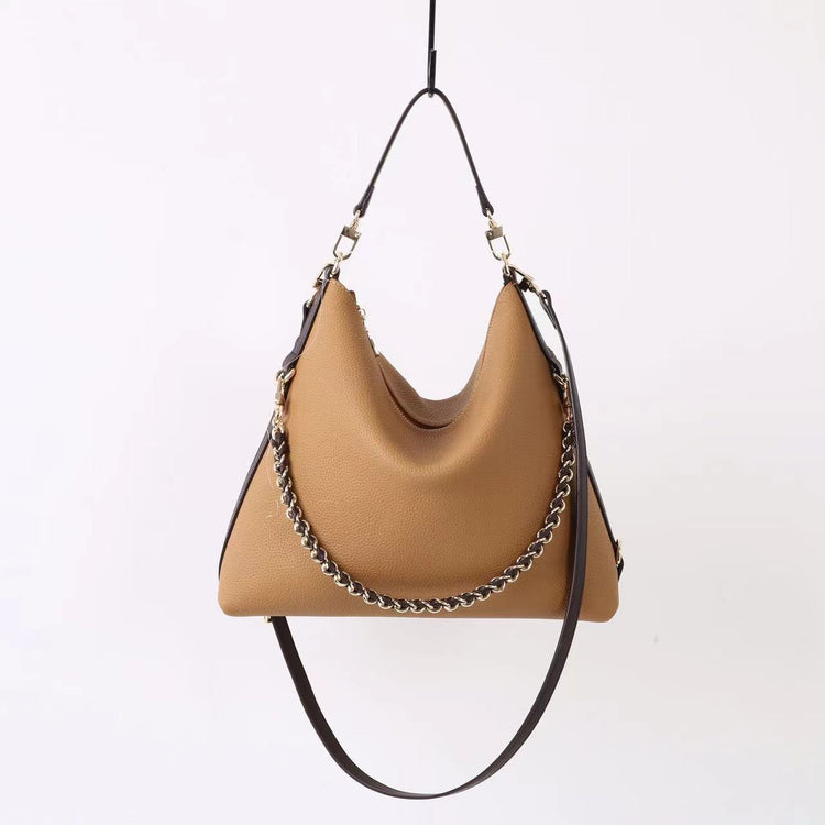 質感真皮｜2025新款潮流時尚百搭休閒頭層軟牛皮鏈條荔枝紋單肩包斜挎通勤托特包「6667」25.12-2