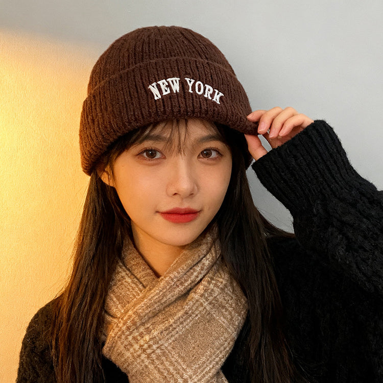 流行帽子｜美式刺繡針織帽子女秋冬韓版字母毛線帽保暖百搭套頭護耳冷帽男潮「C5832」25.11-3