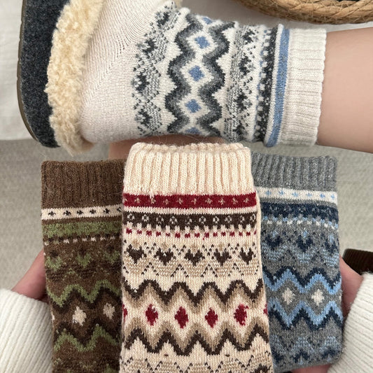 女襪｜費爾島復古羊毛襪子女秋冬季加厚保暖堆堆襪日系文藝彈力中筒襪「TM3741」25.11-3