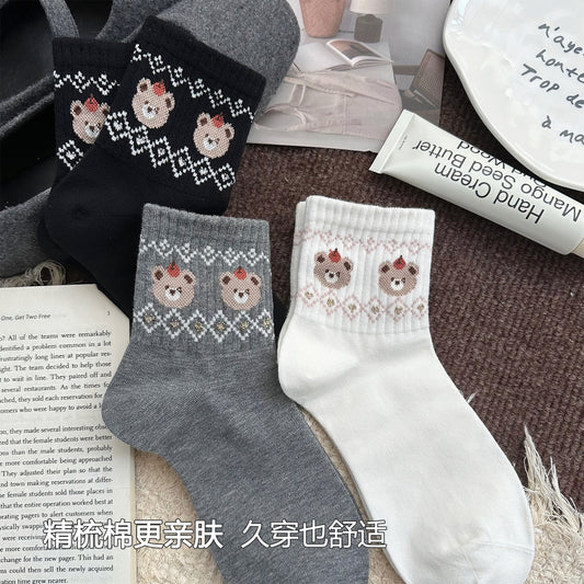 女襪｜費爾島小熊襪子女棉質吸汗透氣彈力無骨短襪學院風通勤好搭休閒襪「XC2321」25.08-2