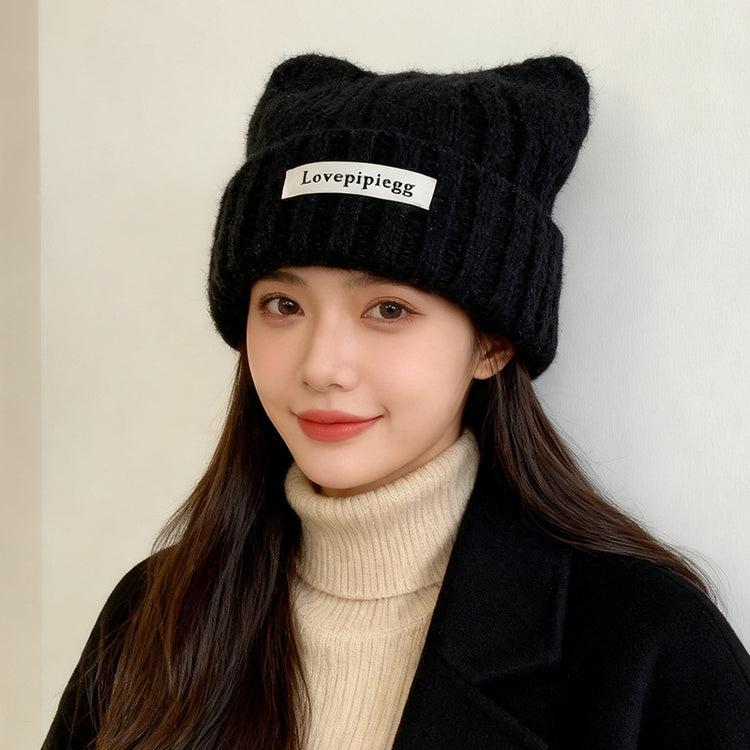 流行帽子｜貓耳朵帽子女秋冬韓系大頭圍可愛保暖針織帽護耳顯臉小毛線冷帽潮「C5838」25.11-3