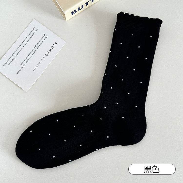 女襪｜襪子女士夏季薄款復古波點花邊堆堆襪棉質吸汗透氣彈力中筒襪「AM2505」25.07-5