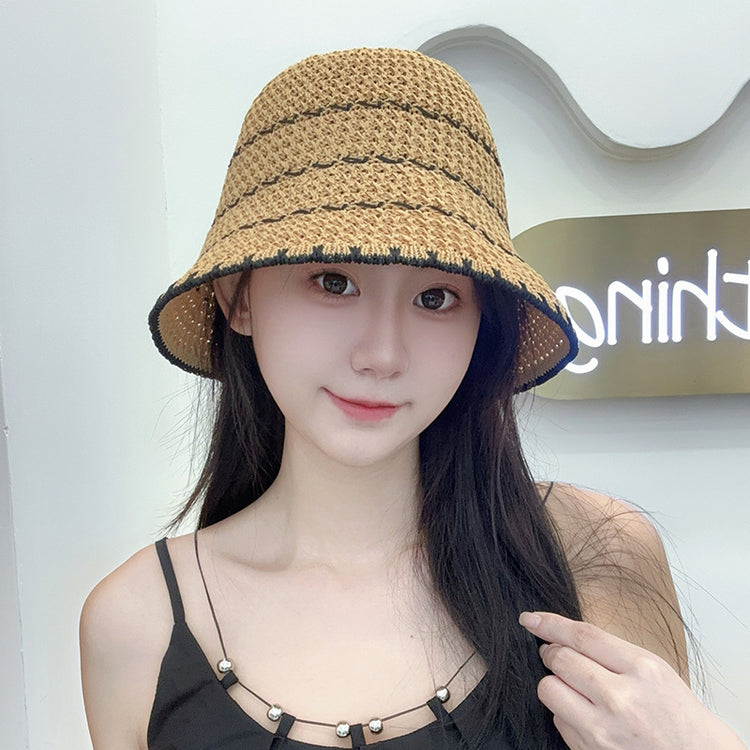 流行帽子｜夏季新款鏤空透氣帽子女編織草帽遮陽沙灘水桶帽海邊太陽帽子批發「C5038」25.05-2