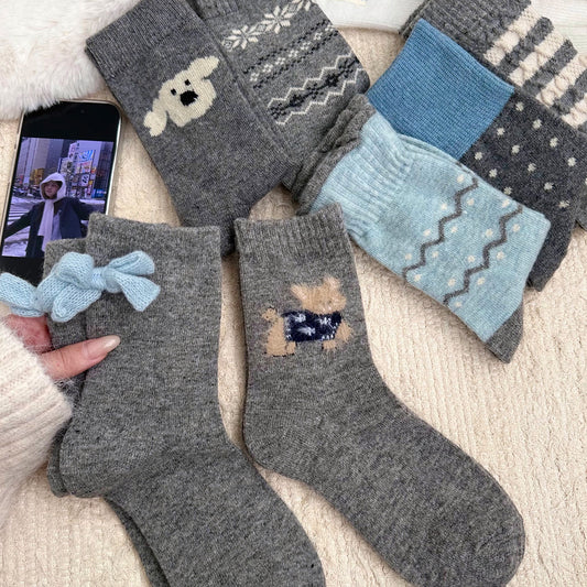 女襪｜加厚羊毛襪子女日系保暖可愛卡通堆堆襪軟糯親膚舒適彈力中筒襪「HD25868」25.12-1