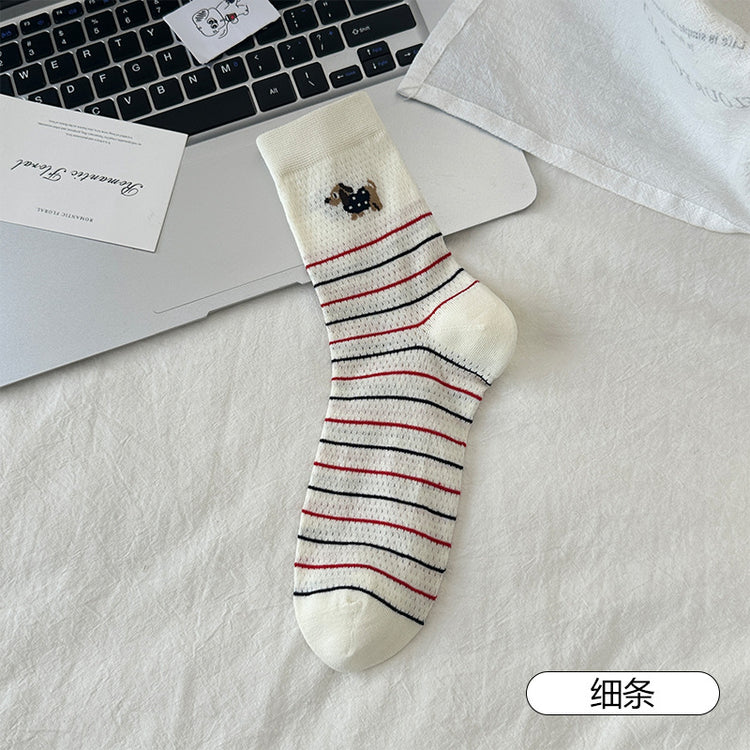 女襪｜卡通圖案襪子女夏季薄款網眼透氣中筒襪吸濕排汗通勤簡約堆堆襪「MK5072」25.05-3
