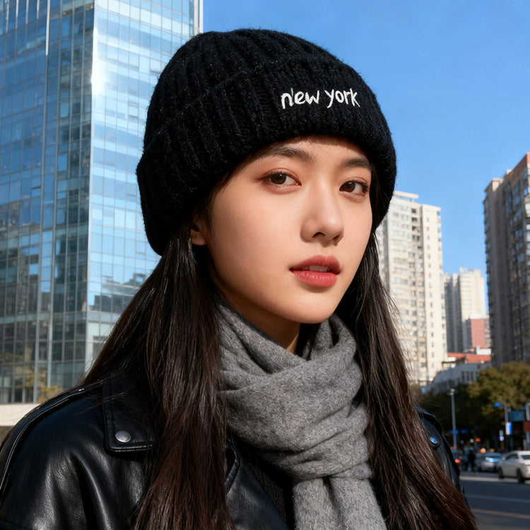 流行帽子｜大頭圍字母刺繡針織毛線帽子女冬季保暖防寒冷帽顯臉小瓜皮包頭帽「C5749」25.10-4