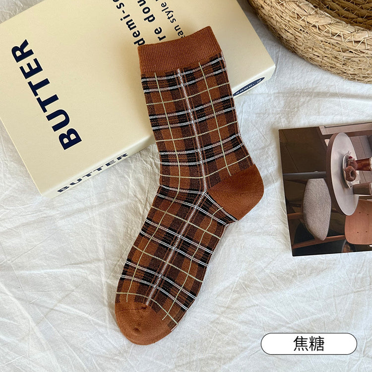 女襪｜復古格子襪子女ins潮學院風甜美百搭中筒襪棉質吸汗透氣堆堆襪「CX805」25.10-1