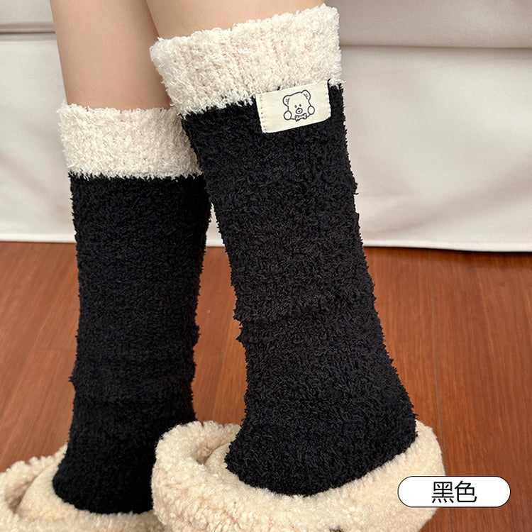 女襪｜珊瑚絨小腿襪子女高筒保暖加絨加厚長筒襪秋冬睡眠毛絨絨地板襪「D25864」25.11-4