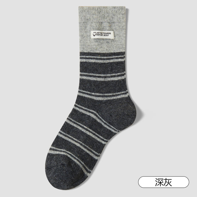 女襪｜布標條紋襪子女冬季加絨加厚保暖美利奴羊毛襪親膚舒適彈力中筒襪「GO25106」25.12-1