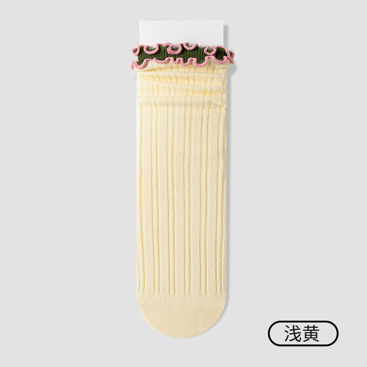 女襪｜雙木耳邊撞色襪子女棉質吸汗透氣彈力堆堆襪耐磨抗起球諸暨襪子「NY2576」25.07-2