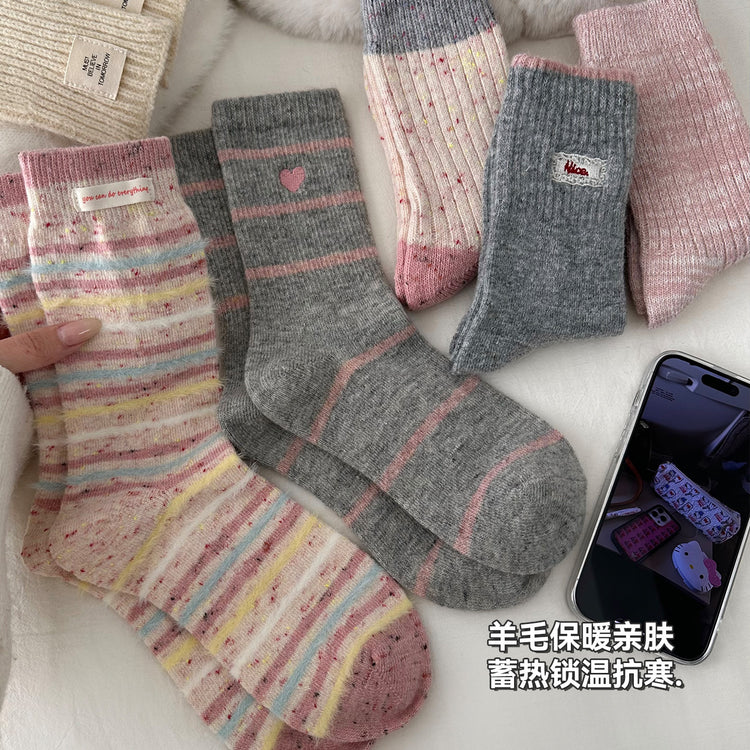 女襪｜襪子女士拼色點子紗加厚保暖羊毛襪冬季蓄熱鎖溫抗寒堆堆襪「D25859」25.11-2