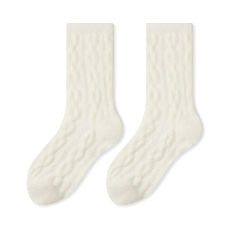 女襪｜澳絨睡眠襪子女冬季加厚保暖中筒襪糖果色麻花紋理居家蓄熱地板襪「TM3599」25.12-1