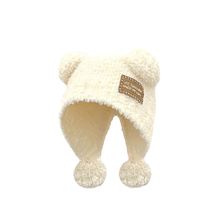 流行帽子｜可愛小熊耳朵球球毛絨帽子女秋冬保暖百搭針織帽護耳防寒「C5746」25.11-1