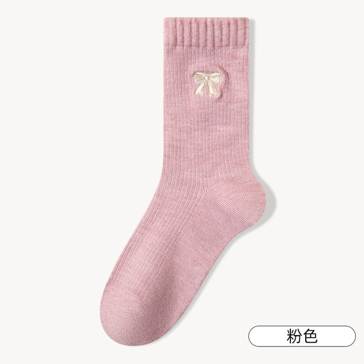 女襪｜刺繡蝴蝶結襪子女秋冬加絨加厚蓄熱保暖中筒襪親膚舒適產後月子襪「MYH24151」25.10-1