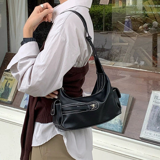 日韓流行｜2025新款女包小眾設計潮酷帥辣妹機車腋下包單肩復古質感手提小包「9644#」25.10-2