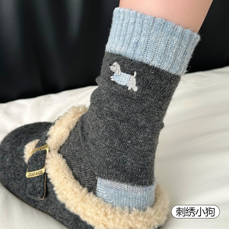 女襪｜襪子女士混搭刺繡藍灰色中筒襪冬季加厚保暖親膚舒適羊毛襪「HD25867」25.11-4