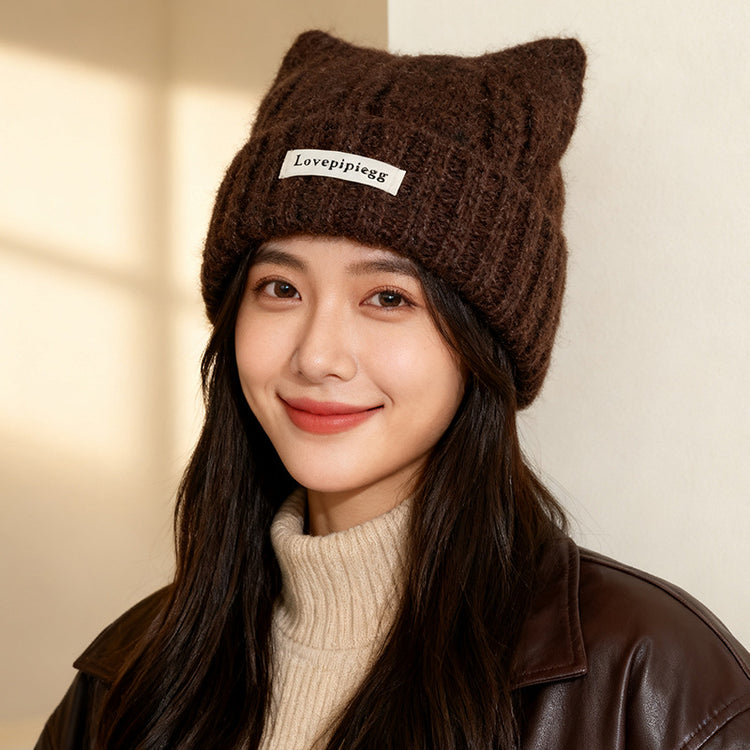 流行帽子｜貓耳朵帽子女秋冬韓系大頭圍可愛保暖針織帽護耳顯臉小毛線冷帽潮「C5838」25.11-3