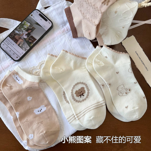 女襪｜小熊船襪女夏季薄款棉質吸汗透氣淺口襪搭配單鞋彈力無骨隱形襪「ZX2507」25.05-3