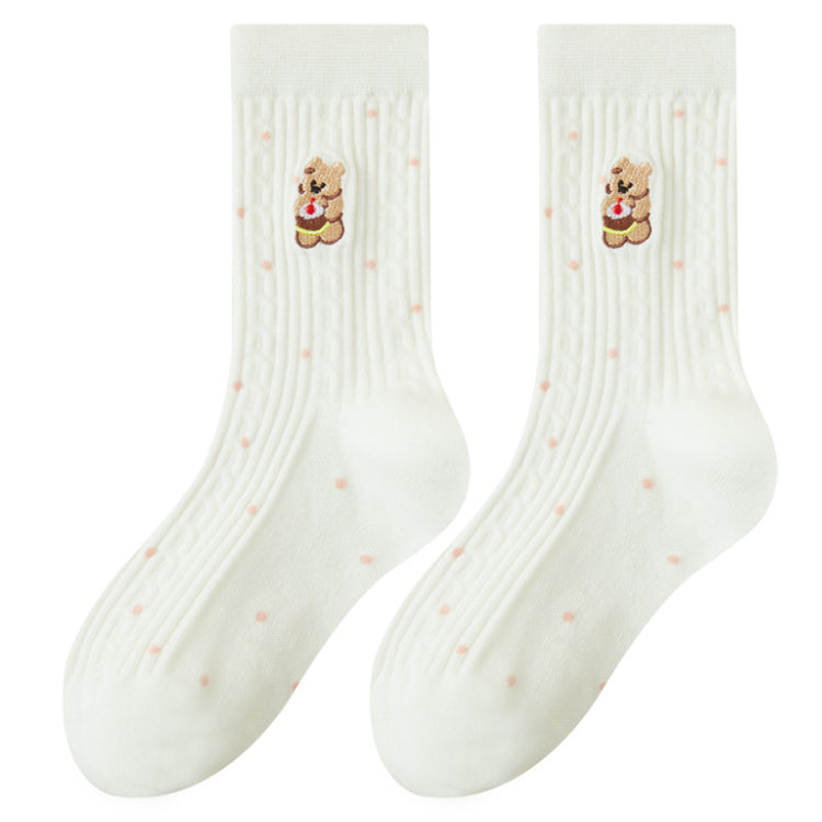 女襪｜襪子女士秋冬棉質刺繡可愛小熊堆堆襪彈力無骨吸汗透氣中筒襪「ZX25517」25.10-4