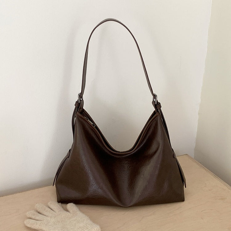 日韓流行｜韓系慵懶風軟皮單肩包女百搭大容量托特包ins時尚復古通勤斜挎包「D9049」25.11-4