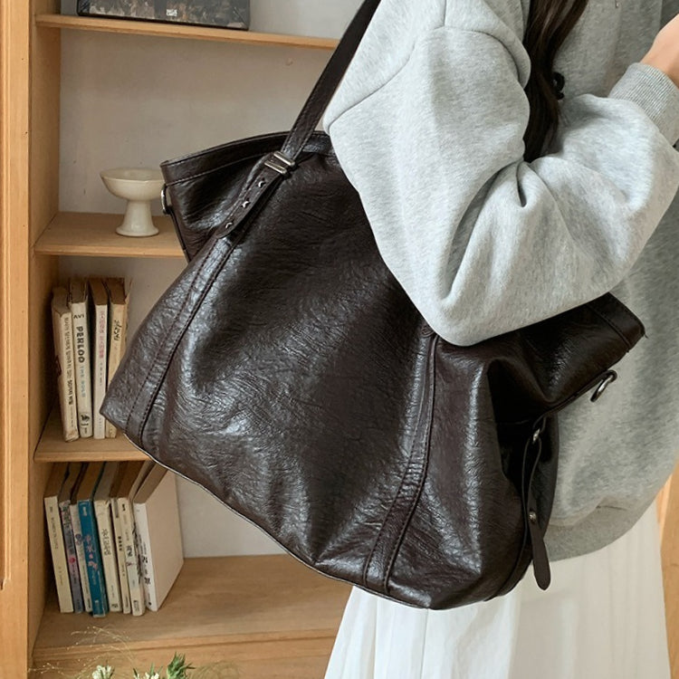 日韓流行｜大容量包包女百搭學院風單肩包黑色通勤軟皮托特包休閒斜挎包包「D8996」25.11-3