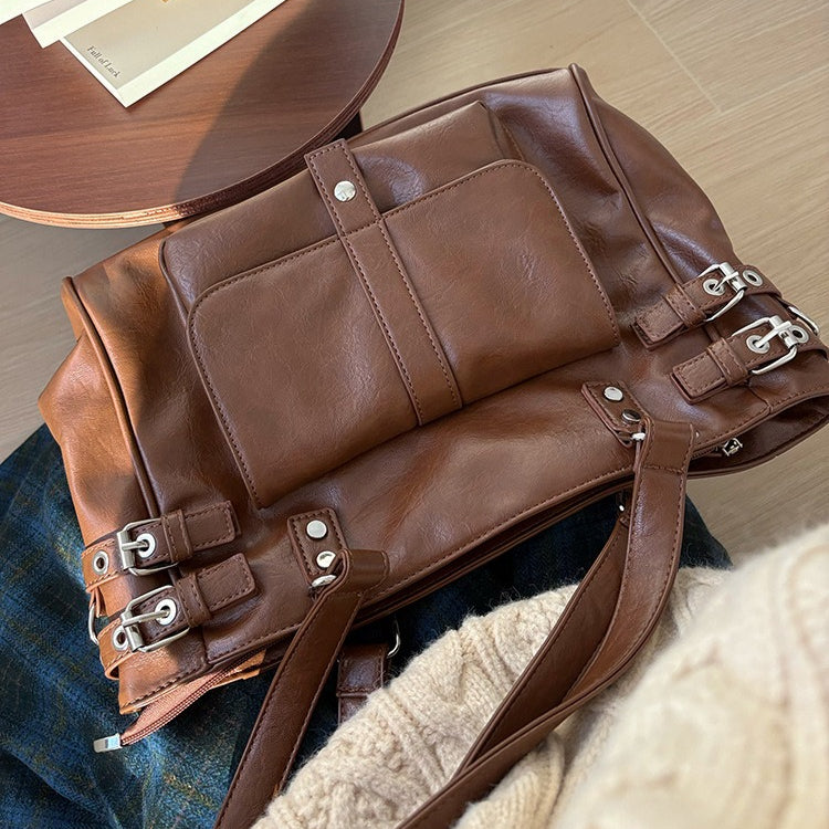 日韓流行｜秋冬2025新款復古咖色百搭大容量通勤托特包韓版學院風單肩斜挎包「F9050」25.12-1