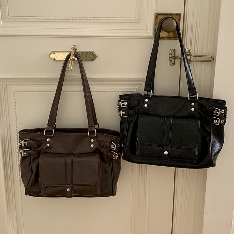 日韓流行｜秋冬2025新款復古咖色百搭大容量通勤托特包韓版學院風單肩斜挎包「F9050」25.12-1