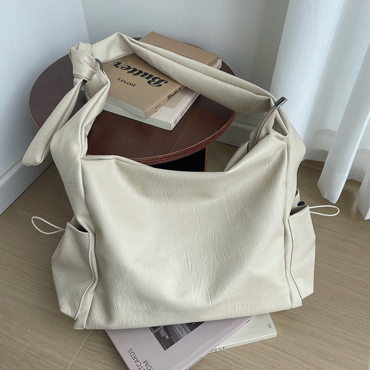 日韓流行｜韓版大容量托特包女2025秋冬打結復古慵懶軟皮質感單肩斜挎包「D9042」25.11-1