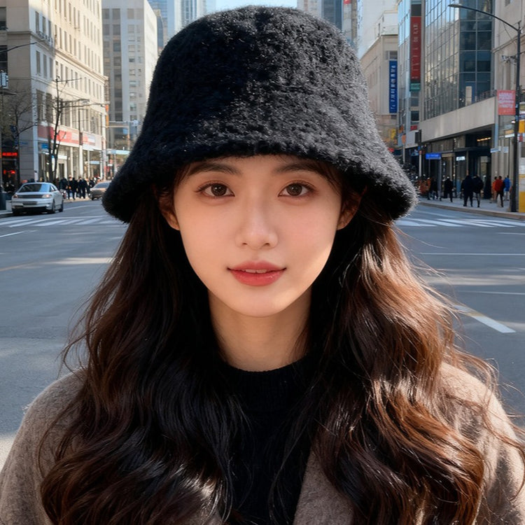 流行帽子｜秋冬新款帽子女純色簡約漁夫帽戶外百搭顯臉小羊毛盆帽保暖水桶帽「C5894」25.12-2