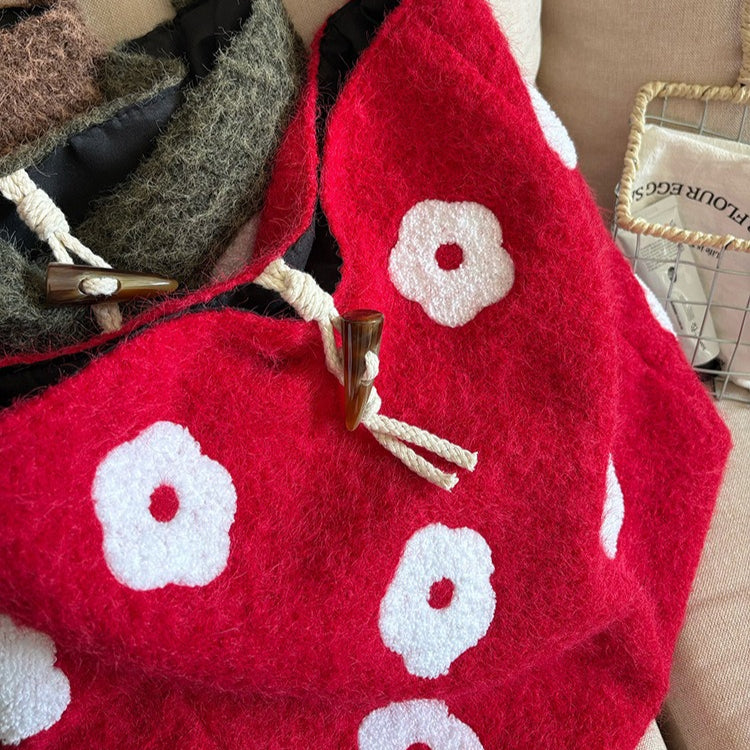 日韓流行｜韓版毛絨花朵刺繡通勤水桶包秋冬新款小眾設計森系簡約毛呢托特包「B219」25.12-2