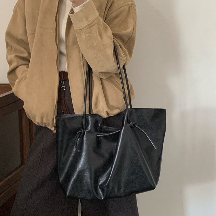 日韓流行｜秋冬復古咖色綁帶托特包女士2025簡約大容量通勤單肩包時尚手提包「L9045」25.11-1