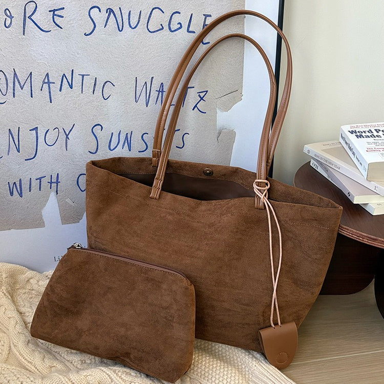 日韓流行｜秋冬復古麂皮絨大容量包包新款女式休閒棕色托特包手提單肩通勤包「4F656」25.12-2