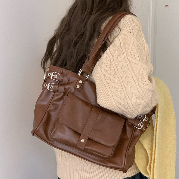 日韓流行｜秋冬2025新款復古咖色百搭大容量通勤托特包韓版學院風單肩斜挎包「F9050」25.12-1