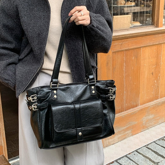 日韓流行｜秋冬2025新款復古咖色百搭大容量通勤托特包韓版學院風單肩斜挎包「F9050」25.12-1