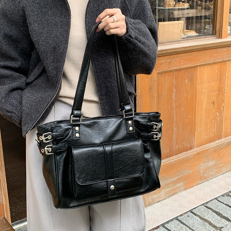 日韓流行｜秋冬2025新款復古咖色百搭大容量通勤托特包韓版學院風單肩斜挎包「F9050」25.12-1